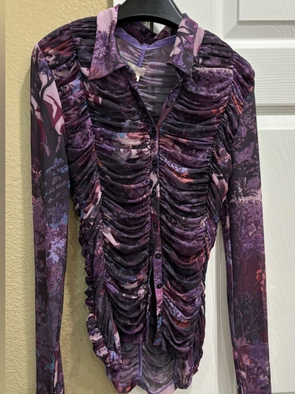 Anthropologie Purple Ruched Sheer Long-Sleeve Blouse XS - Picture 5 of 7